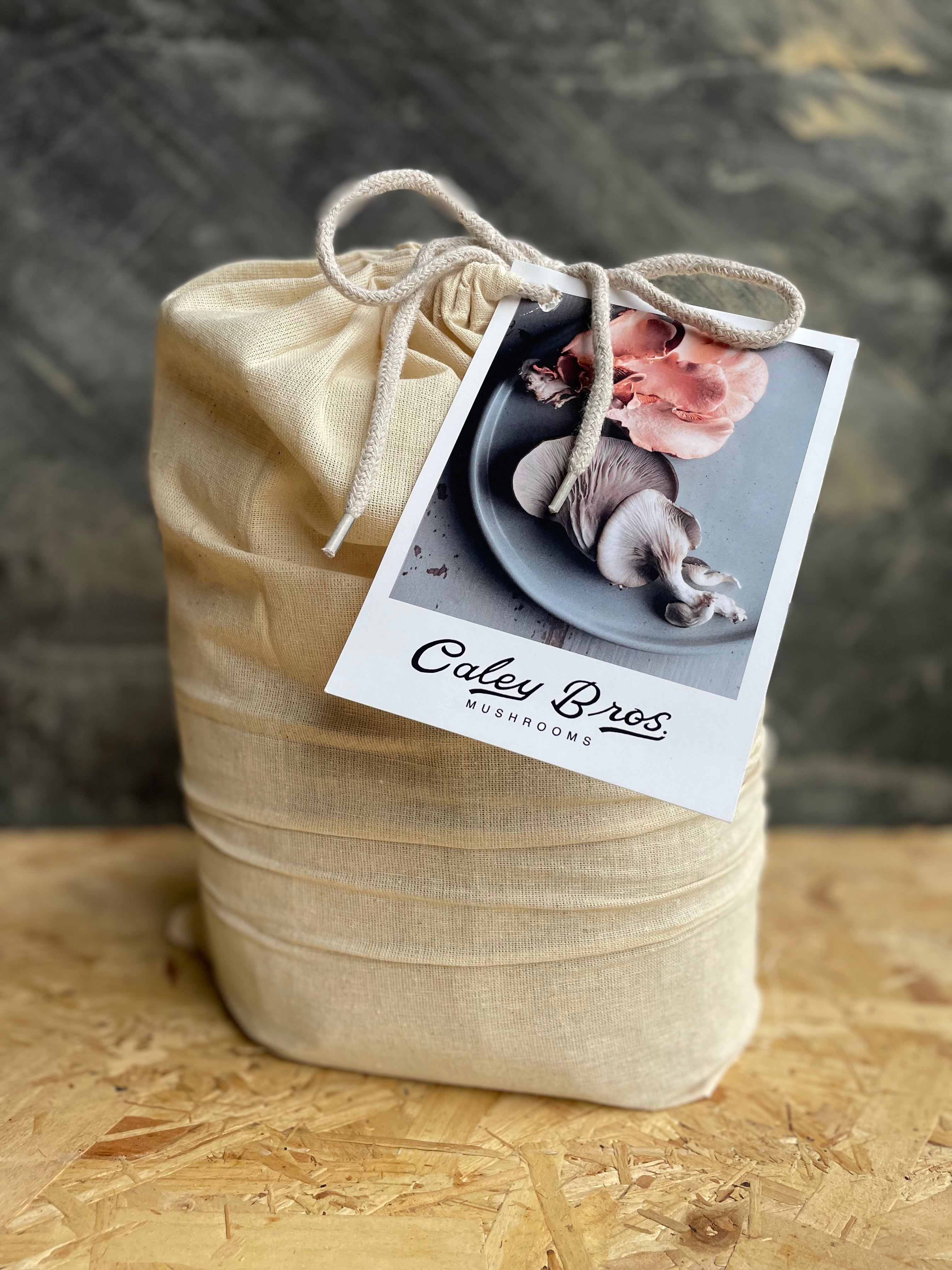 Gift bag and postcard with mushrooms on it, on a wooden board