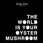 Black background with white text 'The World is Your Oyster Mushroom' and 'Caley Bros Mushrooms' logo.