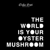 Black background with white text 'The World is Your Oyster Mushroom' and 'Caley Bros Mushrooms' logo.