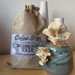 Mushroom-shaped vase with decorative label on a plain background