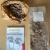 Mushroom growing kit with packaging on a wooden surface