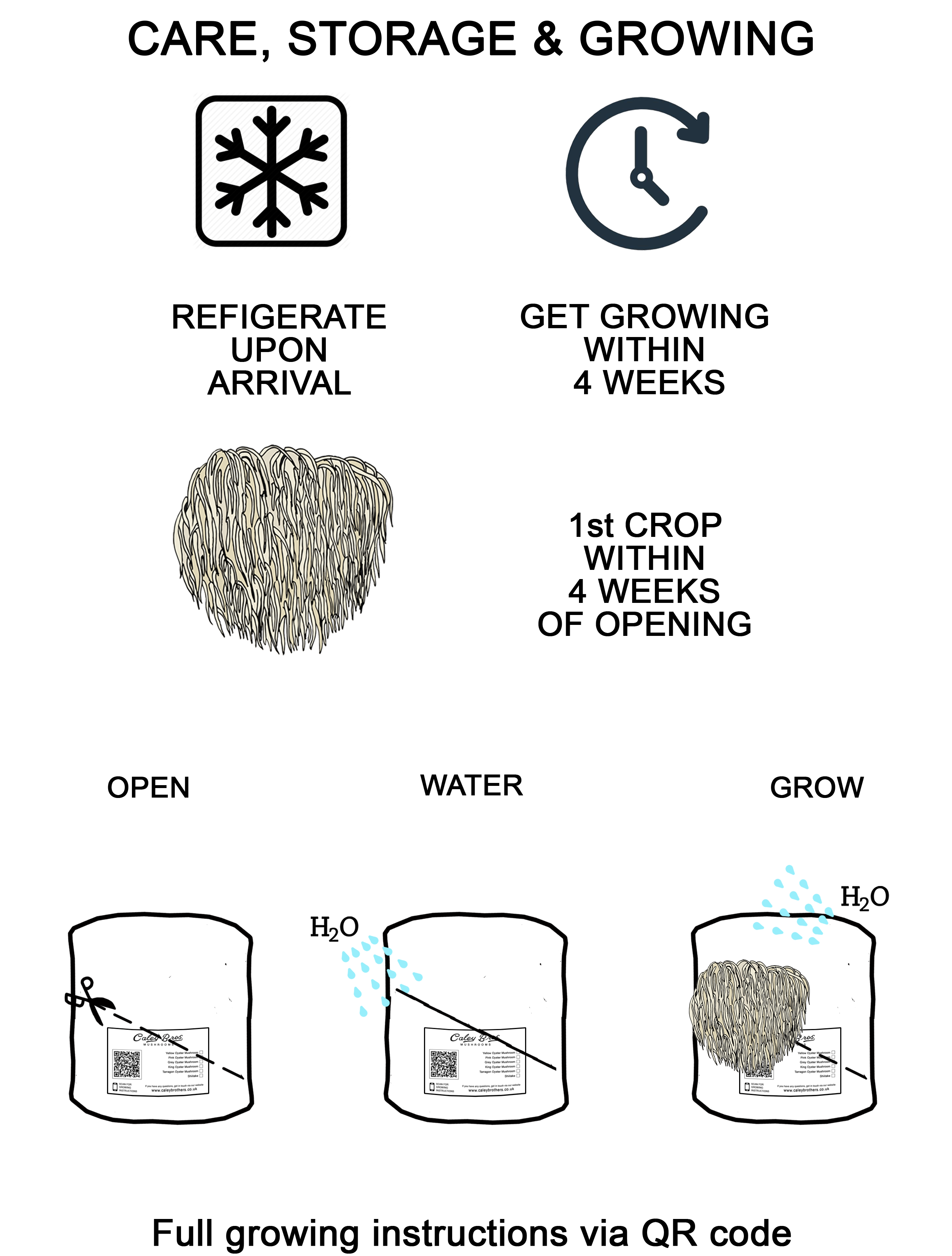 Illustrations and text on a white background about care, storage, and growing instructions for a product.