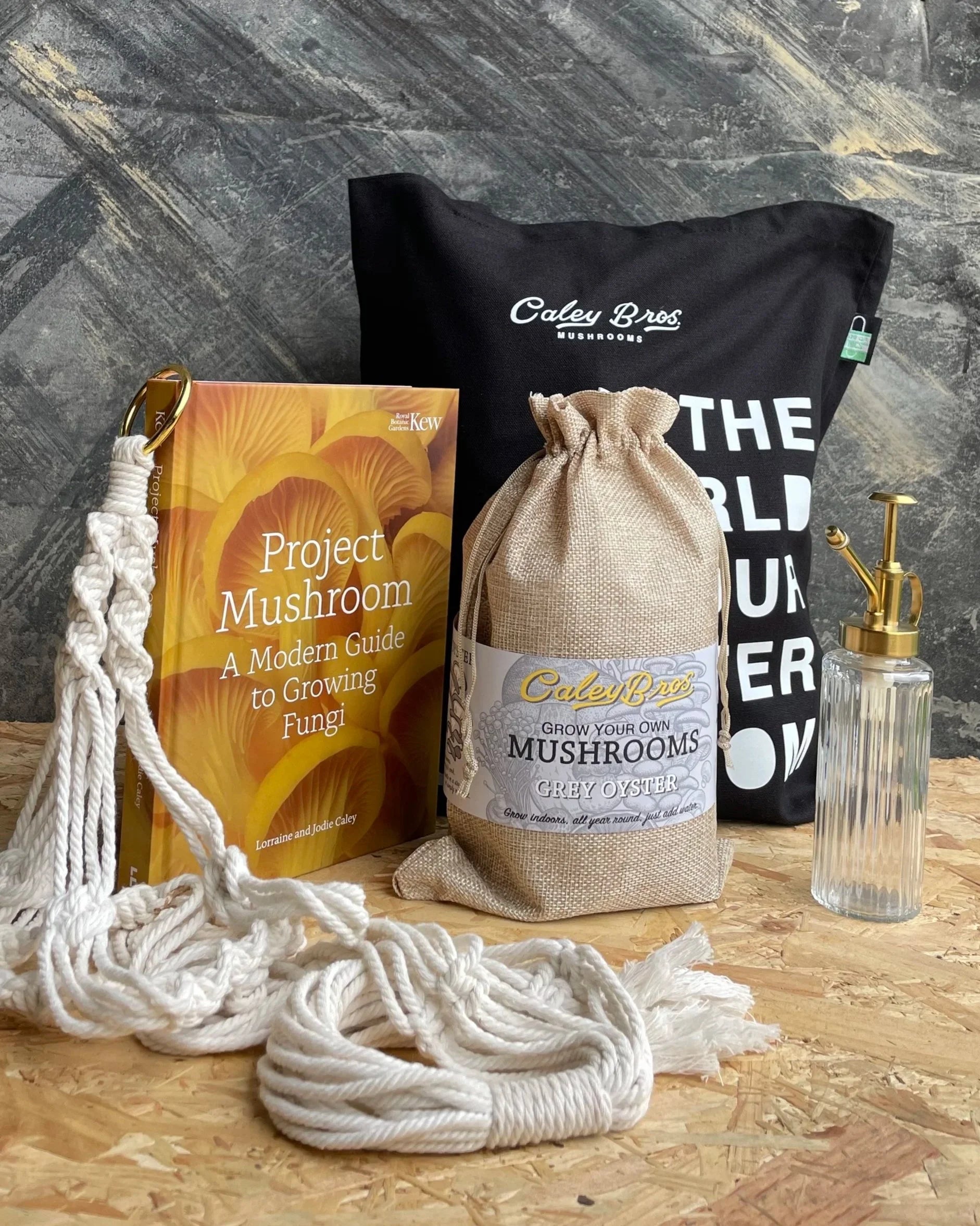 Mushroom growing kit with book, grow bag, and other items on a wooden surface.