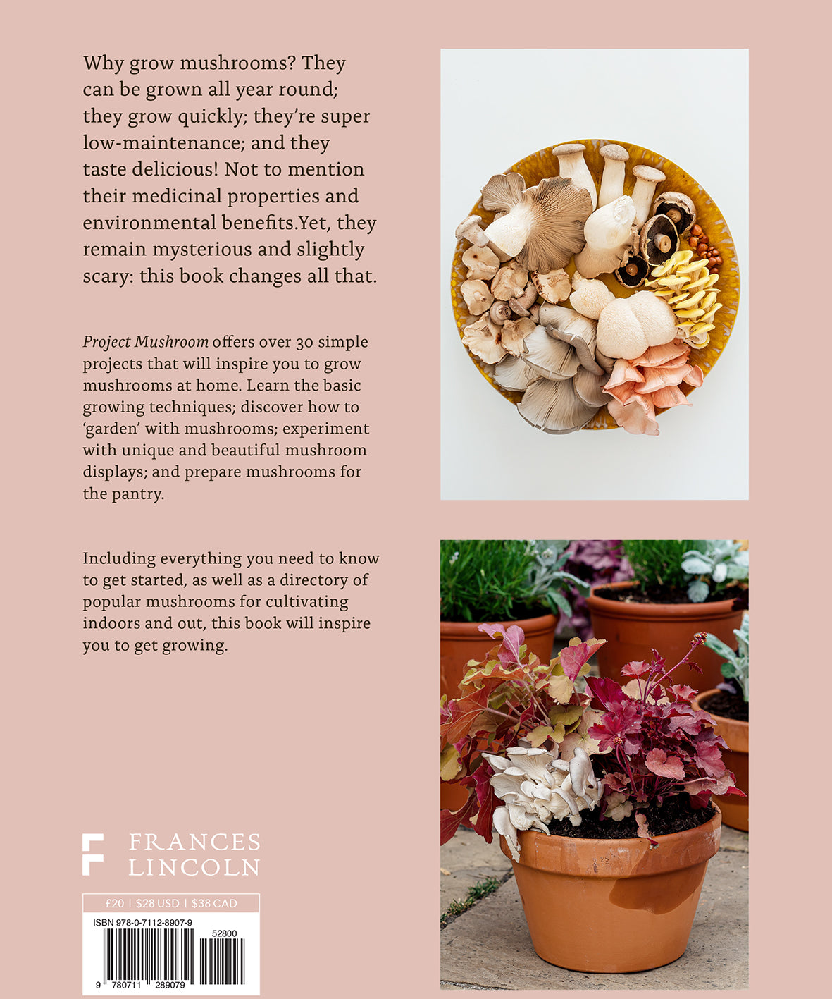 Book cover with text about growing mushrooms and images of mushrooms and potted plants.