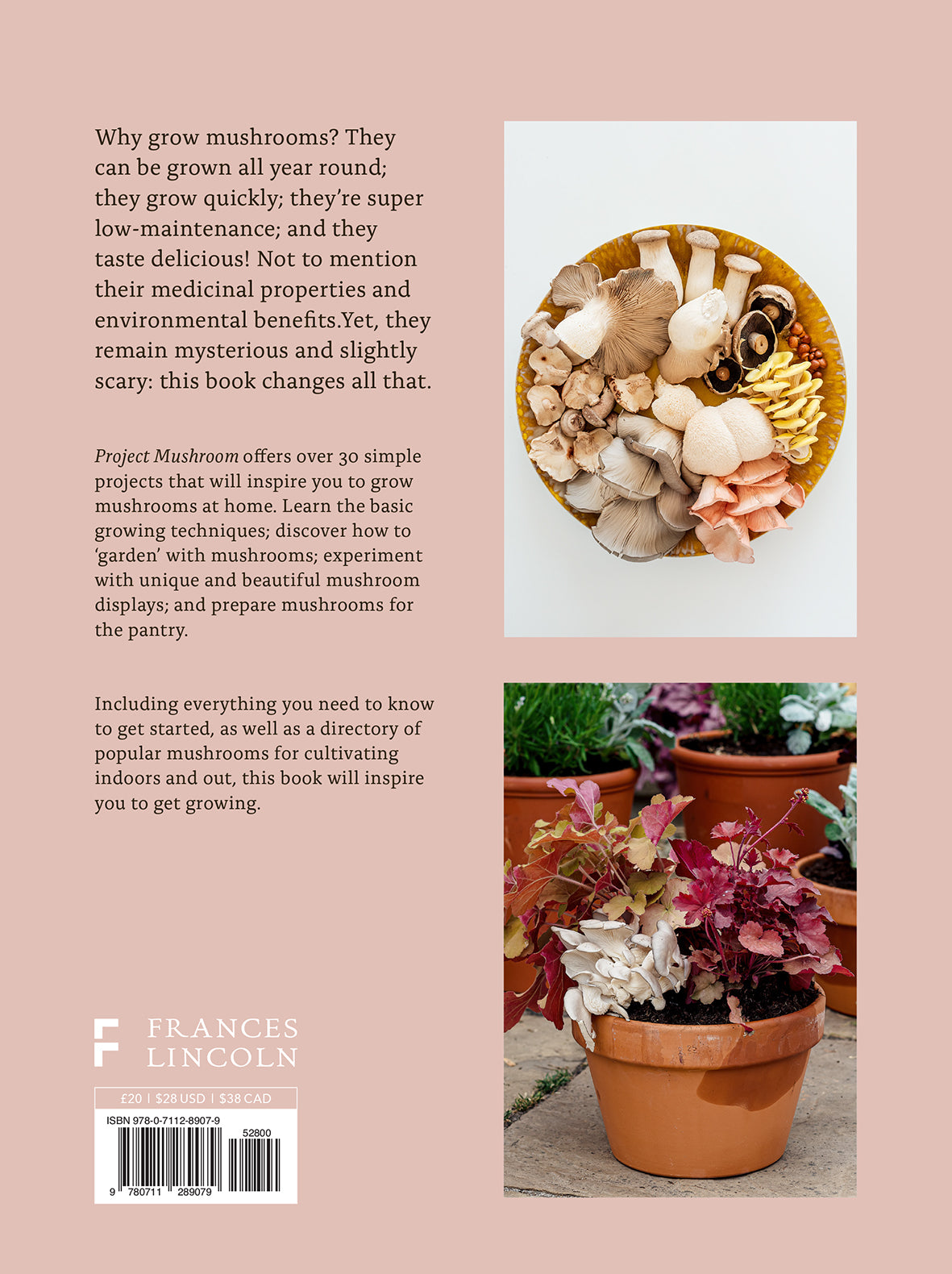 Book cover with text about growing mushrooms and images of mushrooms and potted plants.