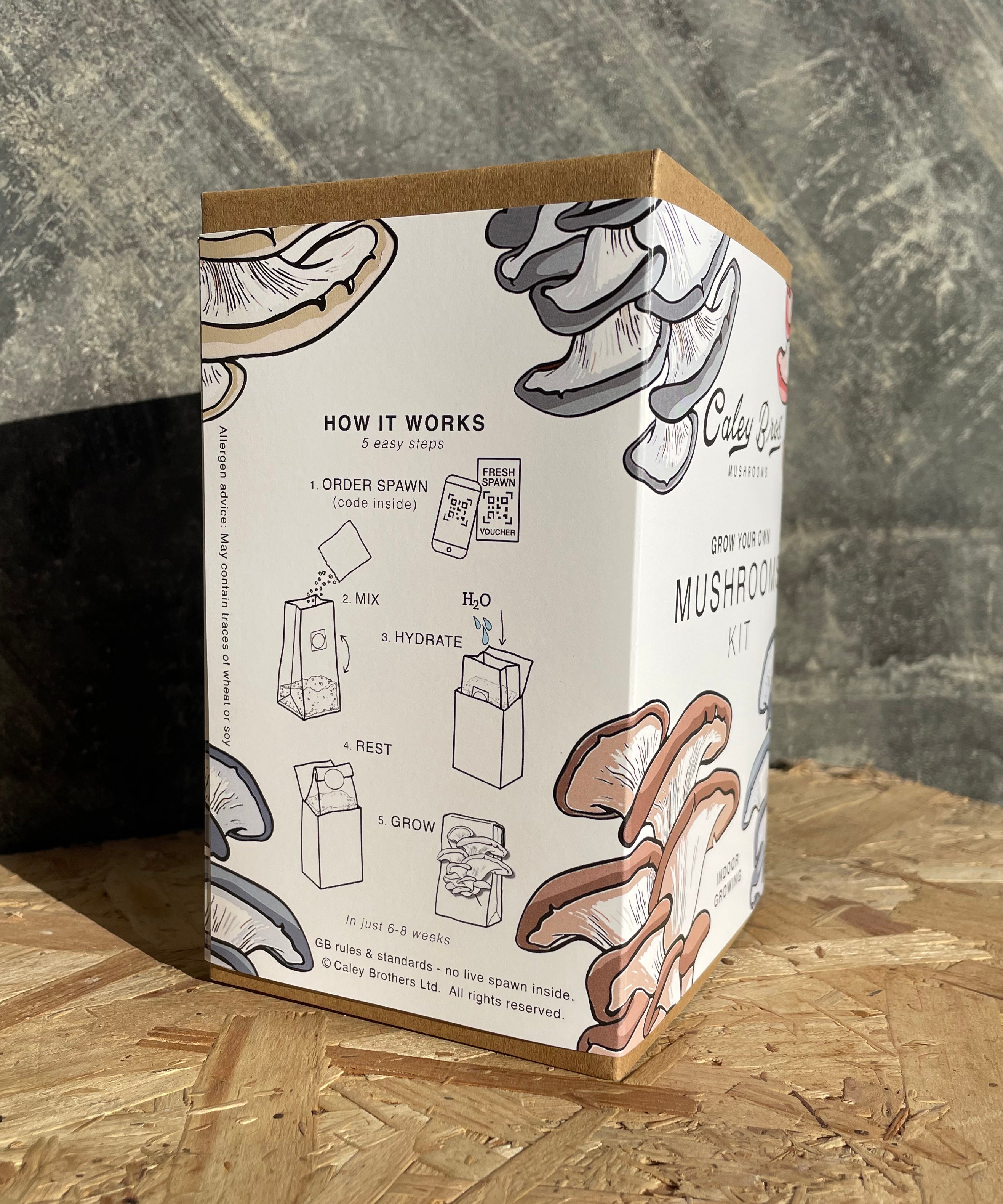 Mushroom kit packaging with illustrations and text on a wooden surface